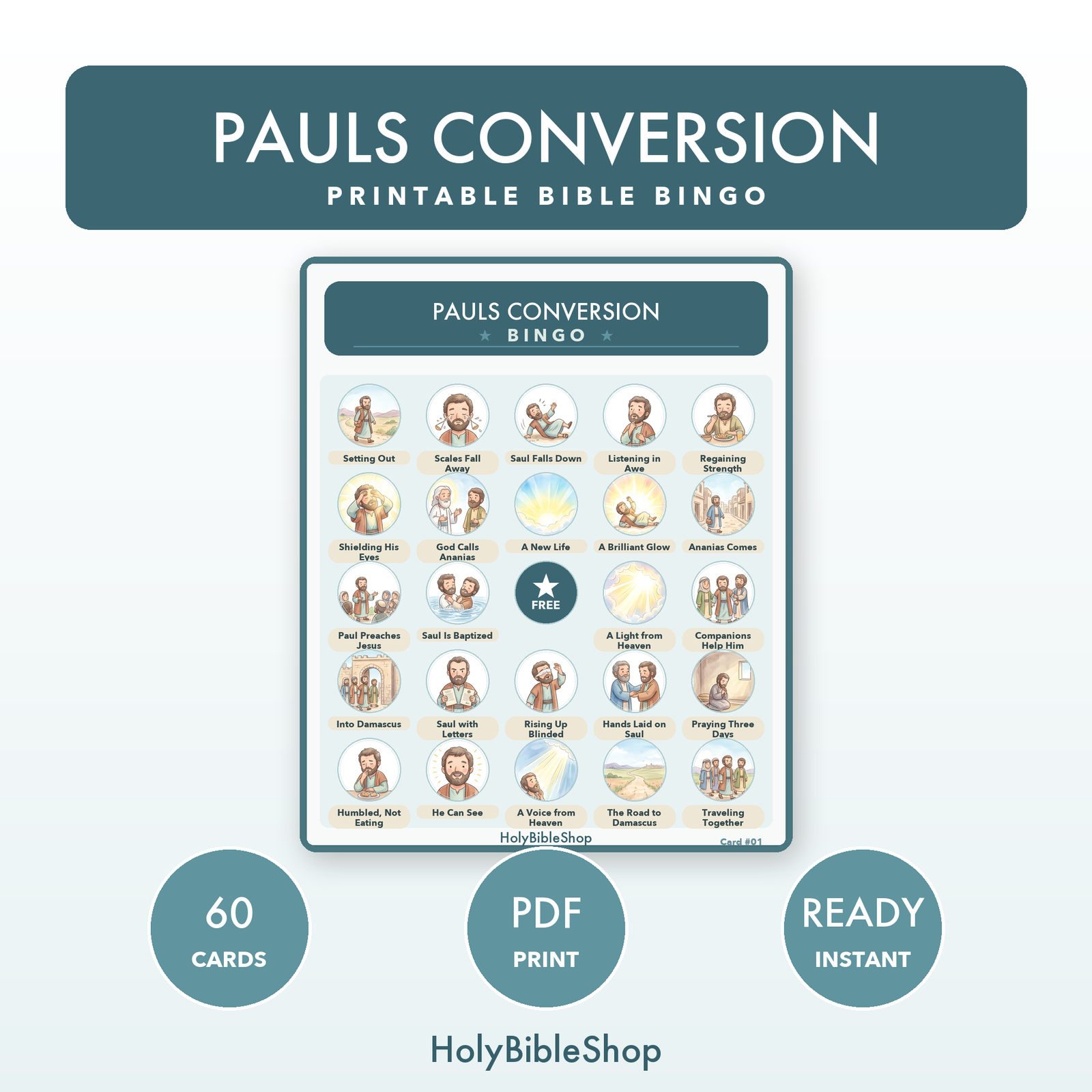 Pauls Conversion Bingo | Printable Bible Bingo Game for Kids | 60 Cards Sunday School VBS Christian Watercolor PDF