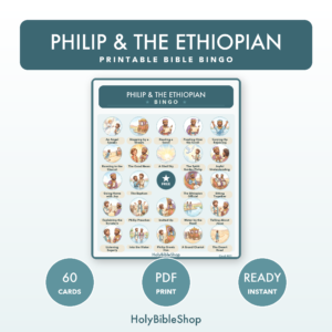 Philip & The Ethiopian Bingo | Printable Bible Bingo Game for Kids | 60 Cards Sunday School VBS Christian Watercolor PDF