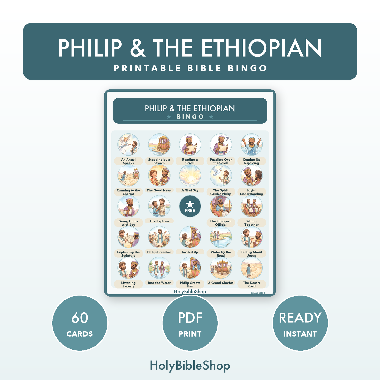 Philip & The Ethiopian Bingo | Printable Bible Bingo Game for Kids | 60 Cards Sunday School VBS Christian Watercolor PDF