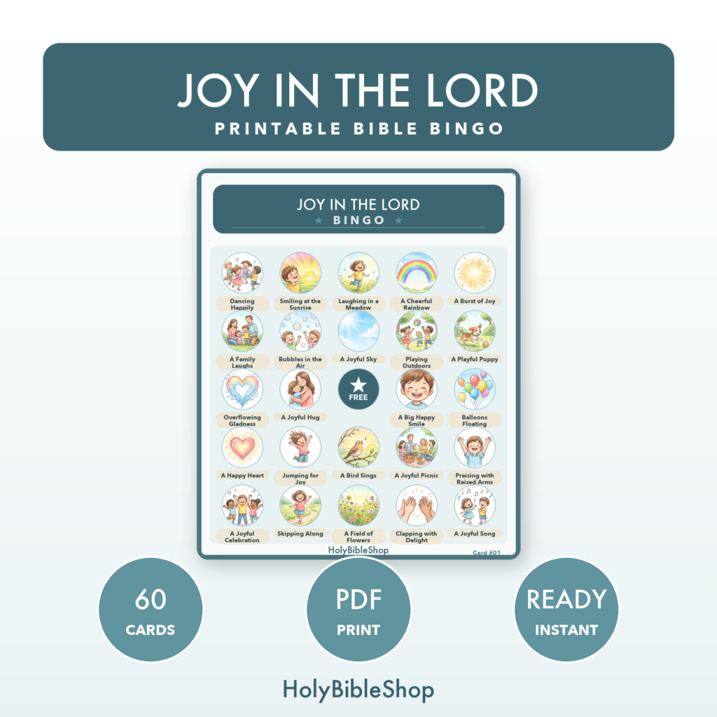 Joy In The Lord Bingo | Printable Bible Bingo Game for Kids | 60 Cards Sunday School VBS Christian Watercolor PDF