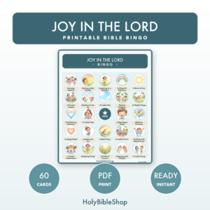 Joy In The Lord Bingo | Printable Bible Bingo Game for Kids | 60 Cards Sunday School VBS Christian Watercolor PDF
