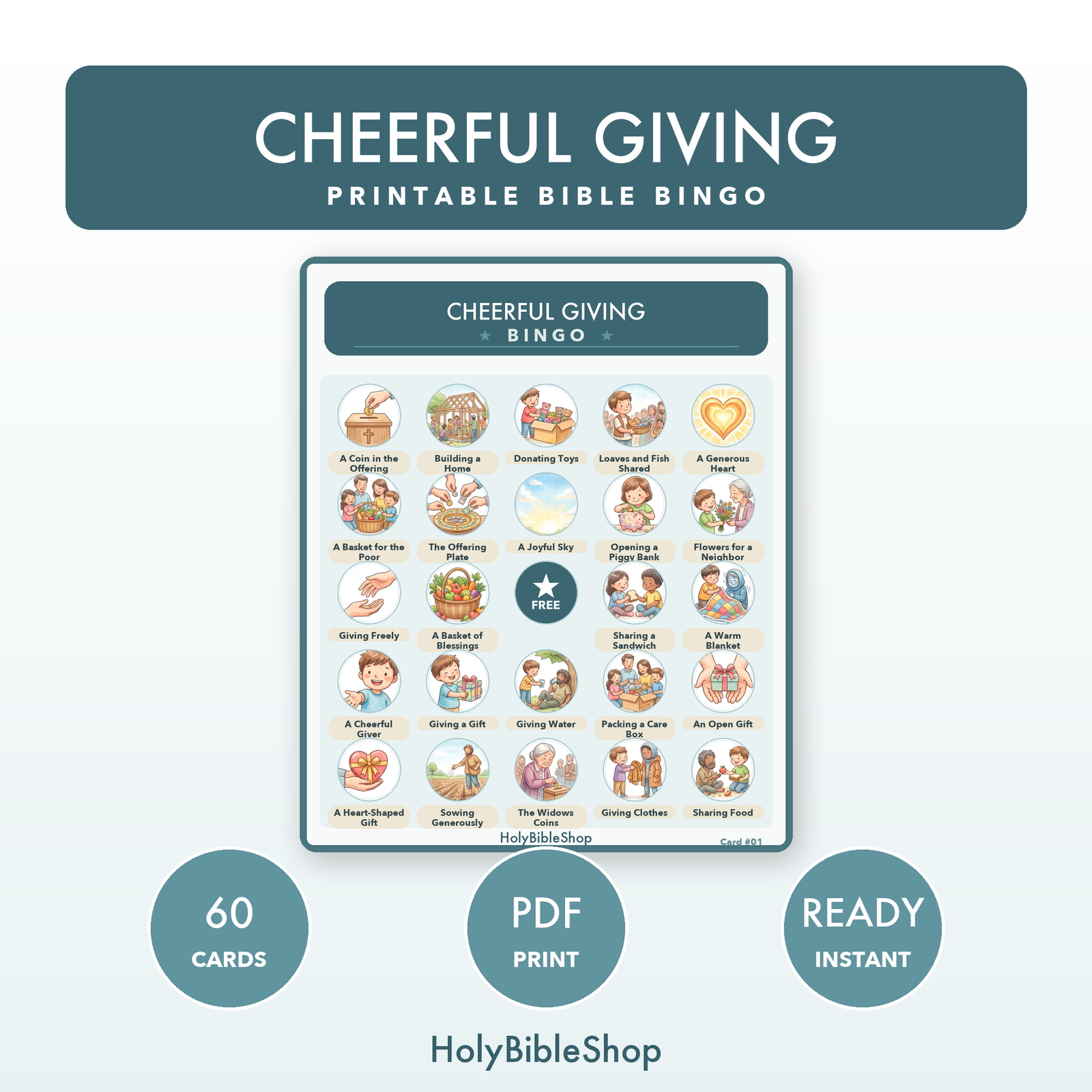 Cheerful Giving Bingo | Printable Bible Bingo Game for Kids | 60 Cards Sunday School VBS Christian Watercolor PDF