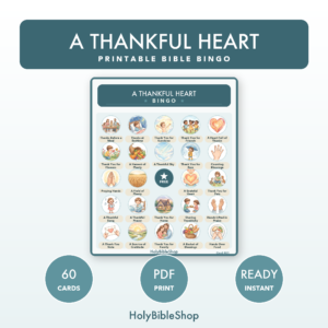 A Thankful Heart Bingo | Printable Bible Bingo Game for Kids | 60 Cards Sunday School VBS Christian Watercolor PDF