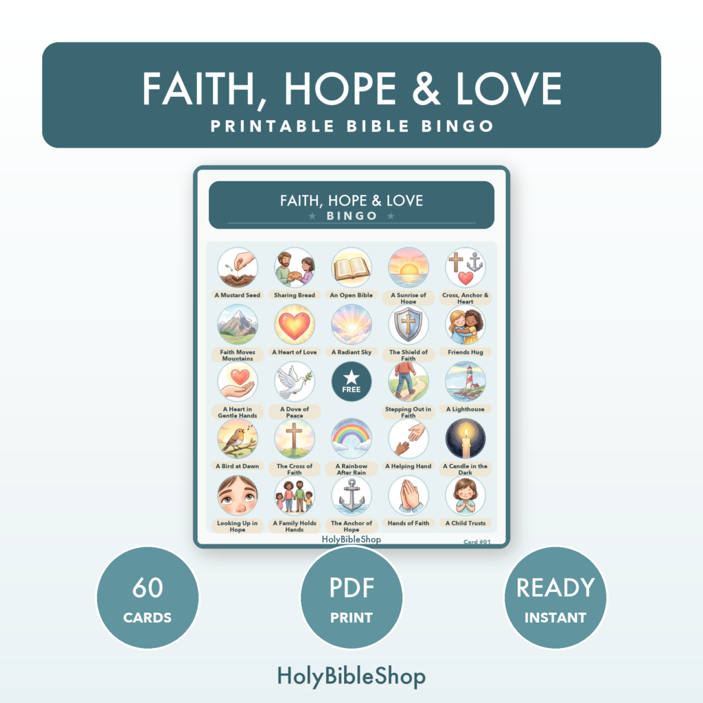 Faith, Hope & Love Bingo | Printable Bible Bingo Game for Kids | 60 Cards Sunday School VBS Christian Watercolor PDF