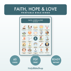 Faith, Hope & Love Bingo | Printable Bible Bingo Game for Kids | 60 Cards Sunday School VBS Christian Watercolor PDF