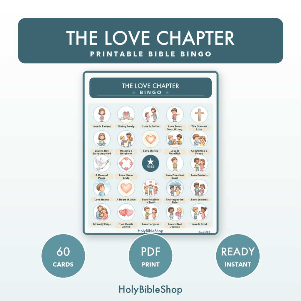 The Love Chapter Bingo | Printable Bible Bingo Game for Kids | 60 Cards Sunday School VBS Christian Watercolor PDF