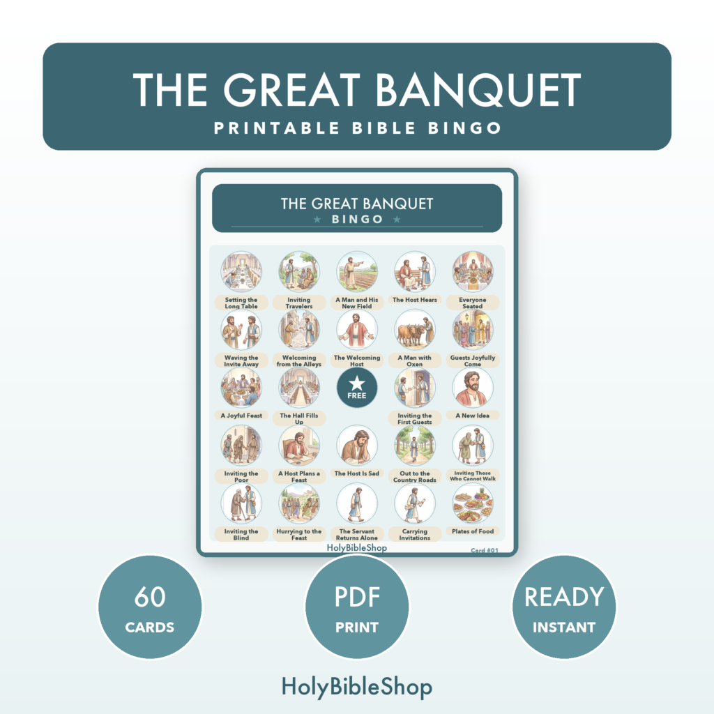 The Great Banquet Bingo | Bible Bingo Game for Kids | 60 Cards Sunday School VBS Christian Watercolor PDF