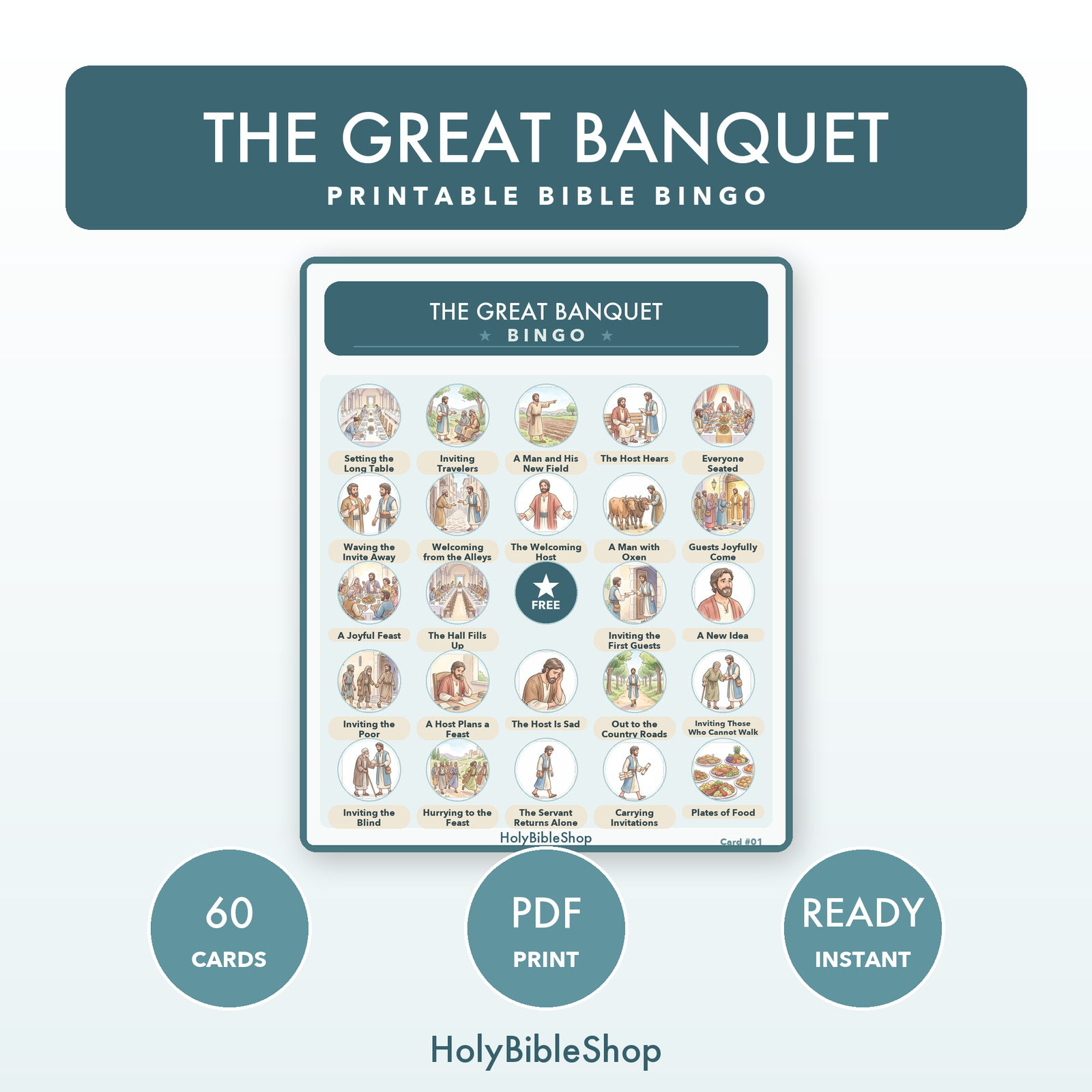 The Great Banquet Bingo | Bible Bingo Game for Kids | 60 Cards Sunday School VBS Christian Watercolor PDF