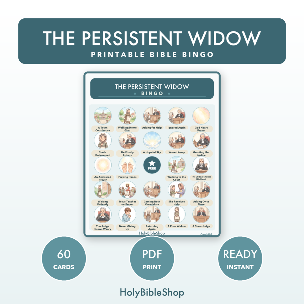 The Persistent Widow Bingo | Bible Bingo Game for Kids | 60 Cards Sunday School VBS Christian Watercolor PDF