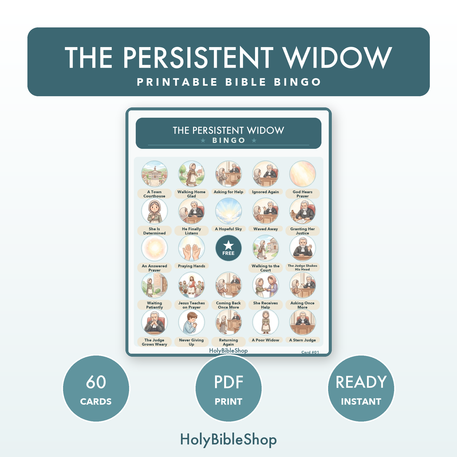 The Persistent Widow Bingo | Bible Bingo Game for Kids | 60 Cards Sunday School VBS Christian Watercolor PDF