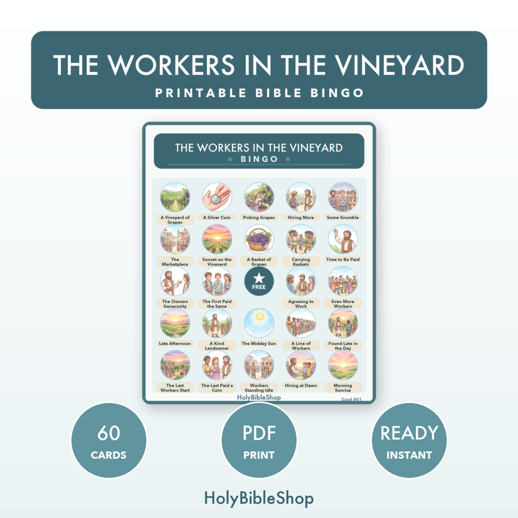 The Workers in the Vineyard Bingo | Bible Bingo Game for Kids | 60 Cards Sunday School VBS Christian Watercolor PDF