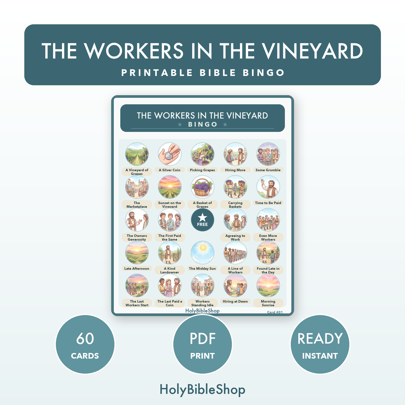 The Workers in the Vineyard Bingo | Bible Bingo Game for Kids | 60 Cards Sunday School VBS Christian Watercolor PDF