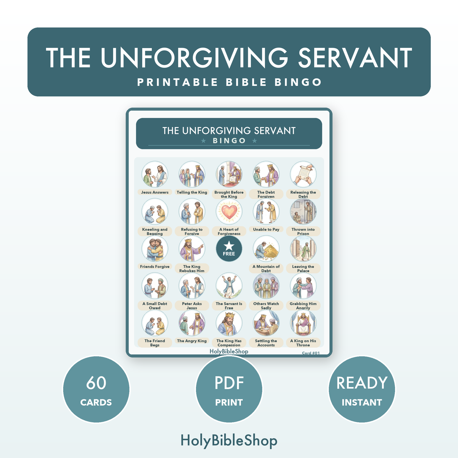 The Unforgiving Servant Bingo | Bible Bingo Game for Kids | 60 Cards Sunday School VBS Christian Watercolor PDF