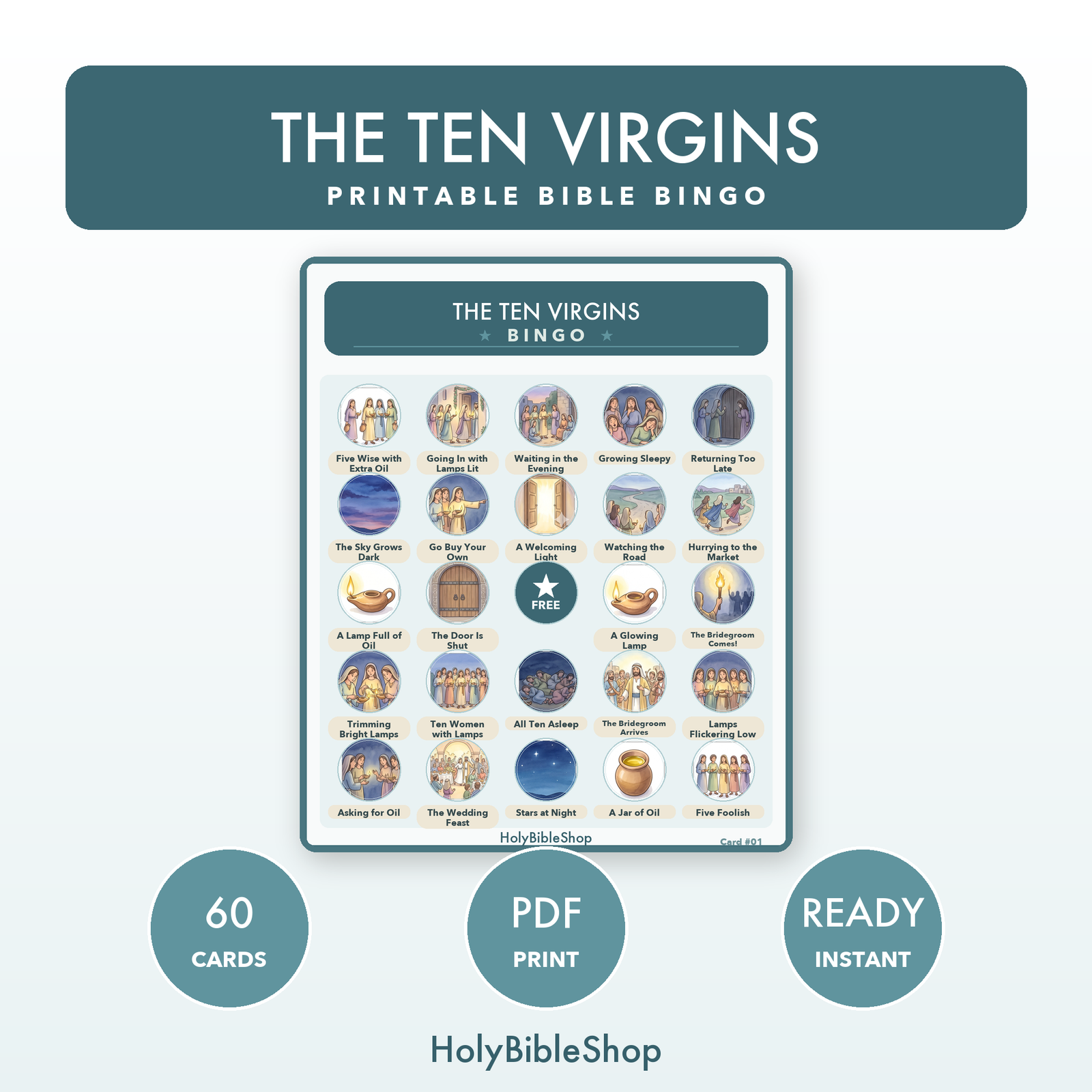 The Ten Virgins Bingo | Printable Bible Bingo Game for Kids | 60 Cards Sunday School VBS Christian Watercolor PDF