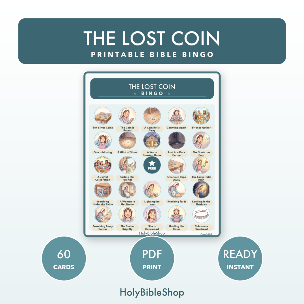 The Lost Coin Bingo | Printable Bible Bingo Game for Kids | 60 Cards Sunday School VBS Christian Watercolor PDF