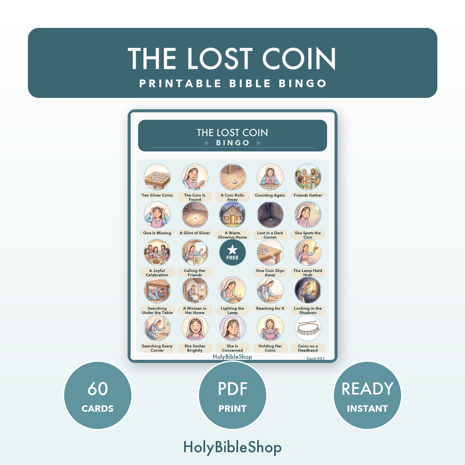 The Lost Coin Bingo | Printable Bible Bingo Game for Kids | 60 Cards Sunday School VBS Christian Watercolor PDF