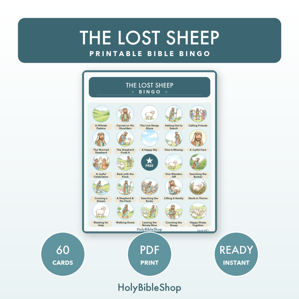 The Lost Sheep Bingo | Printable Bible Bingo Game for Kids | 60 Cards Sunday School VBS Christian Watercolor PDF
