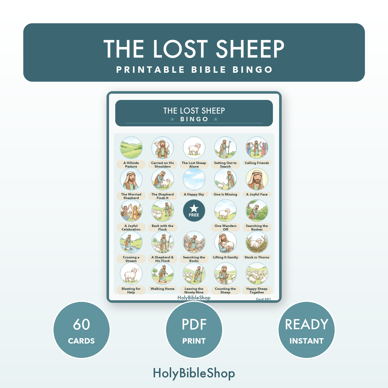 The Lost Sheep Bingo | Printable Bible Bingo Game for Kids | 60 Cards Sunday School VBS Christian Watercolor PDF
