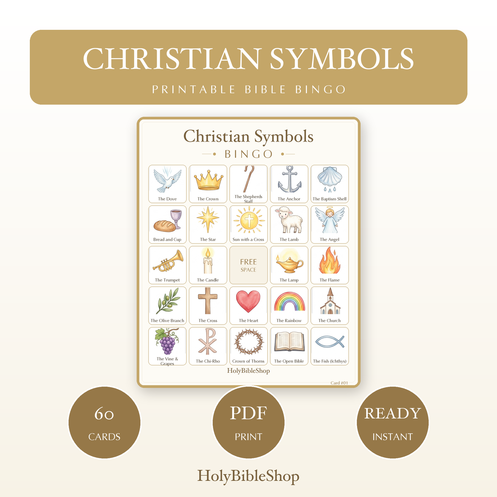 My First Bible Symbols Bingo, 60 Printable Bingo Cards, Christian Bible Symbols Game, Sunday School & Church Activity, Instant Download