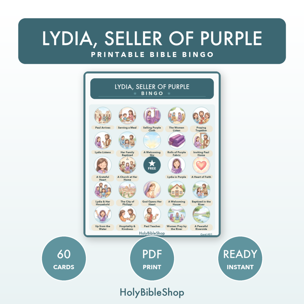 Lydia, Seller Of Purple Bingo | Printable Bible Bingo Game for Kids | 60 Cards Sunday School VBS Christian Watercolor PDF