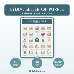 Lydia, Seller Of Purple Bingo | Printable Bible Bingo Game for Kids | 60 Cards Sunday School VBS Christian Watercolor PDF