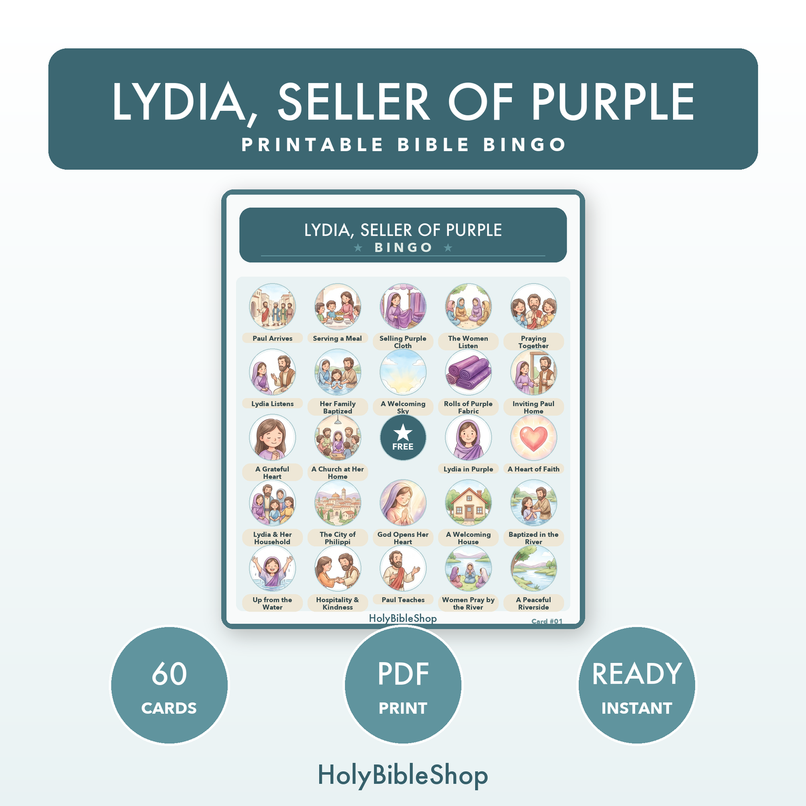 Lydia, Seller Of Purple Bingo | Printable Bible Bingo Game for Kids | 60 Cards Sunday School VBS Christian Watercolor PDF