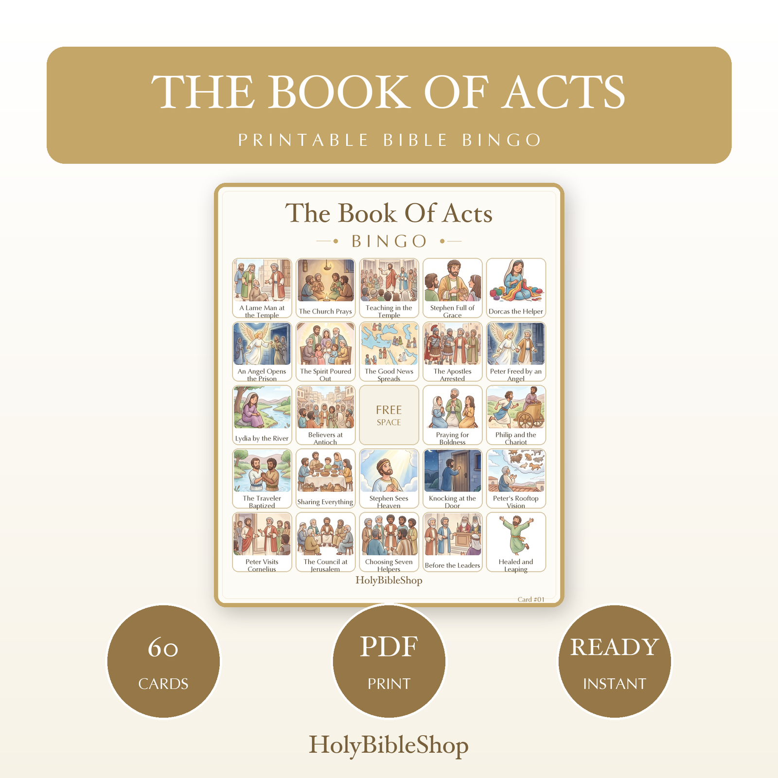The Book Of Acts Bingo | Printable Bible Bingo Game for Kids | 60 Cards Sunday School VBS Christian Watercolor PDF