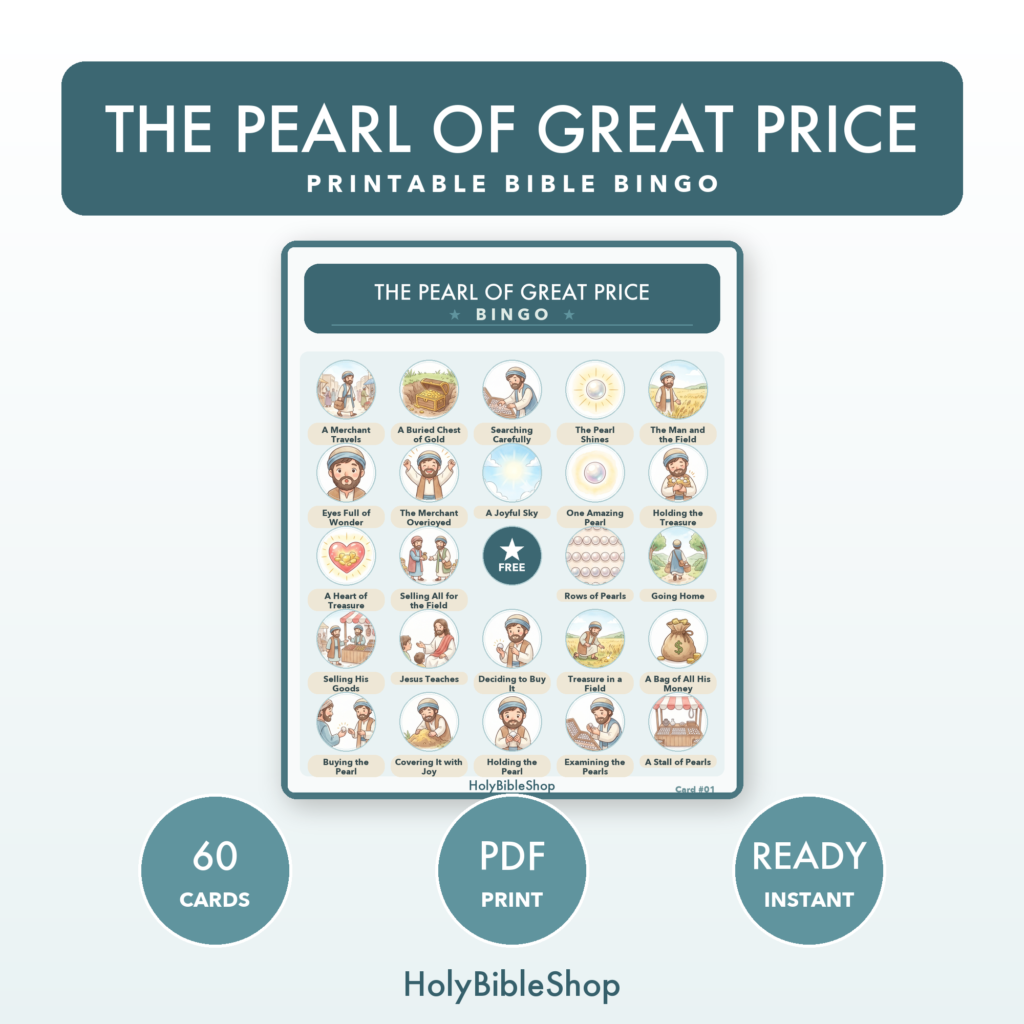 The Pearl of Great Price Bingo | Printable Bible Bingo Game for Kids | 60 Cards Sunday School VBS Christian Watercolor PDF