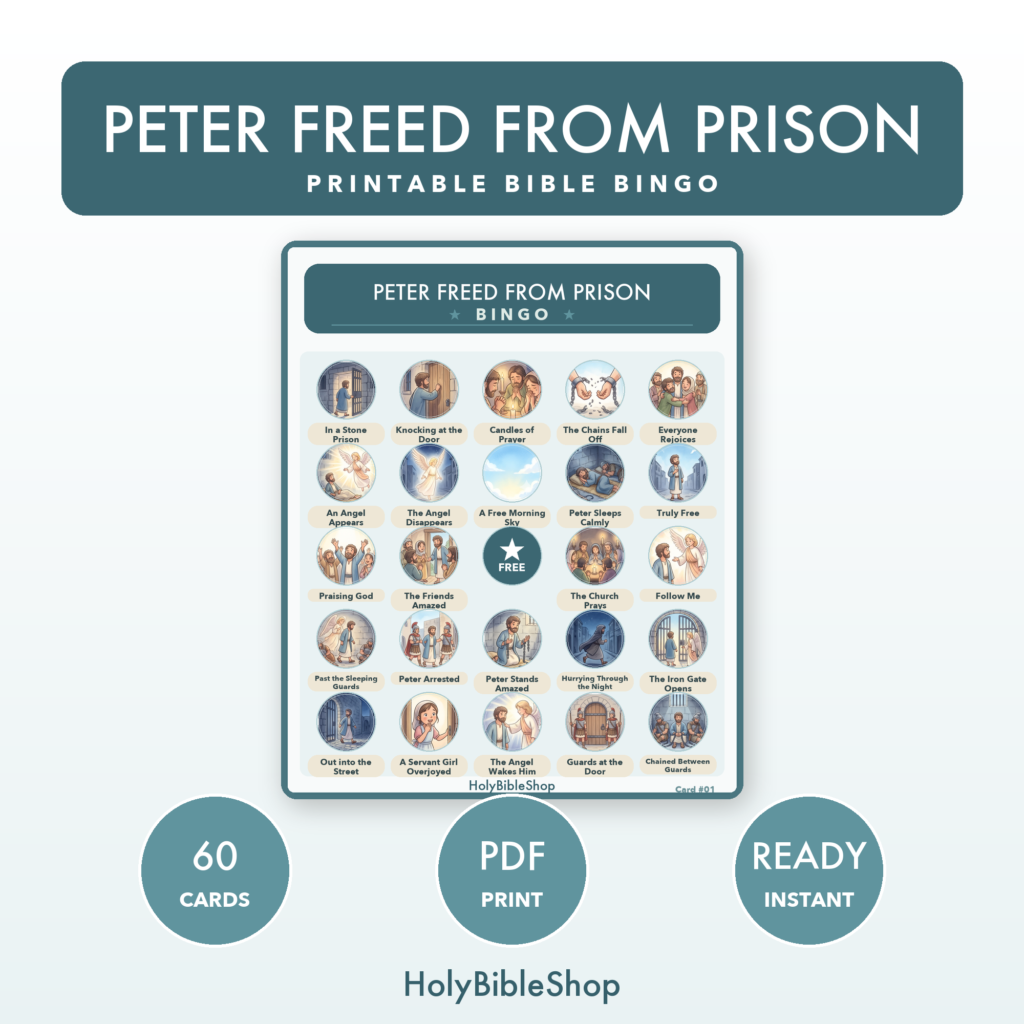 Peter Freed From Prison Bingo | Printable Bible Bingo Game for Kids | 60 Cards Sunday School VBS Christian Watercolor PDF