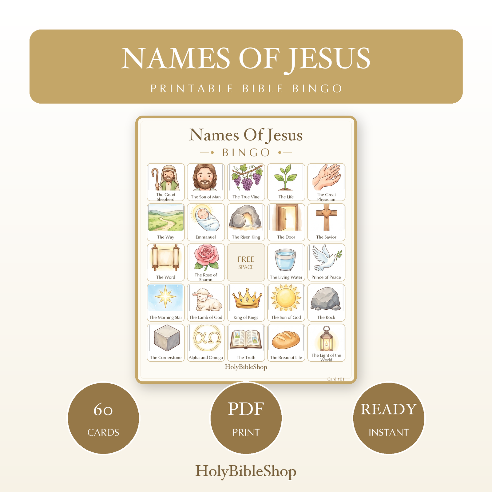 Names Of Jesus Bingo | Printable Bible Bingo Game for Kids | 60 Cards Sunday School VBS Christian Watercolor PDF