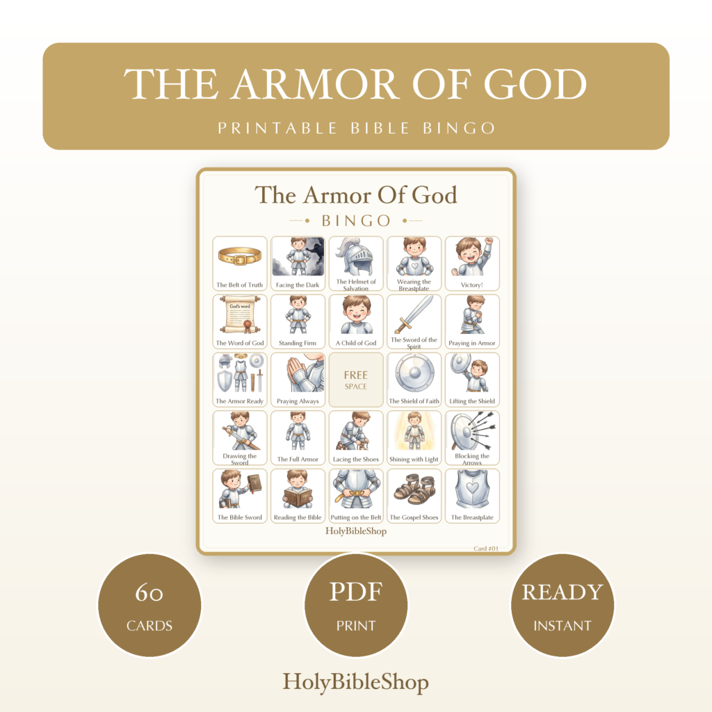 The Armor Of God Bingo | Printable Bible Bingo Game for Kids | 60 Cards Sunday School VBS Christian Watercolor PDF