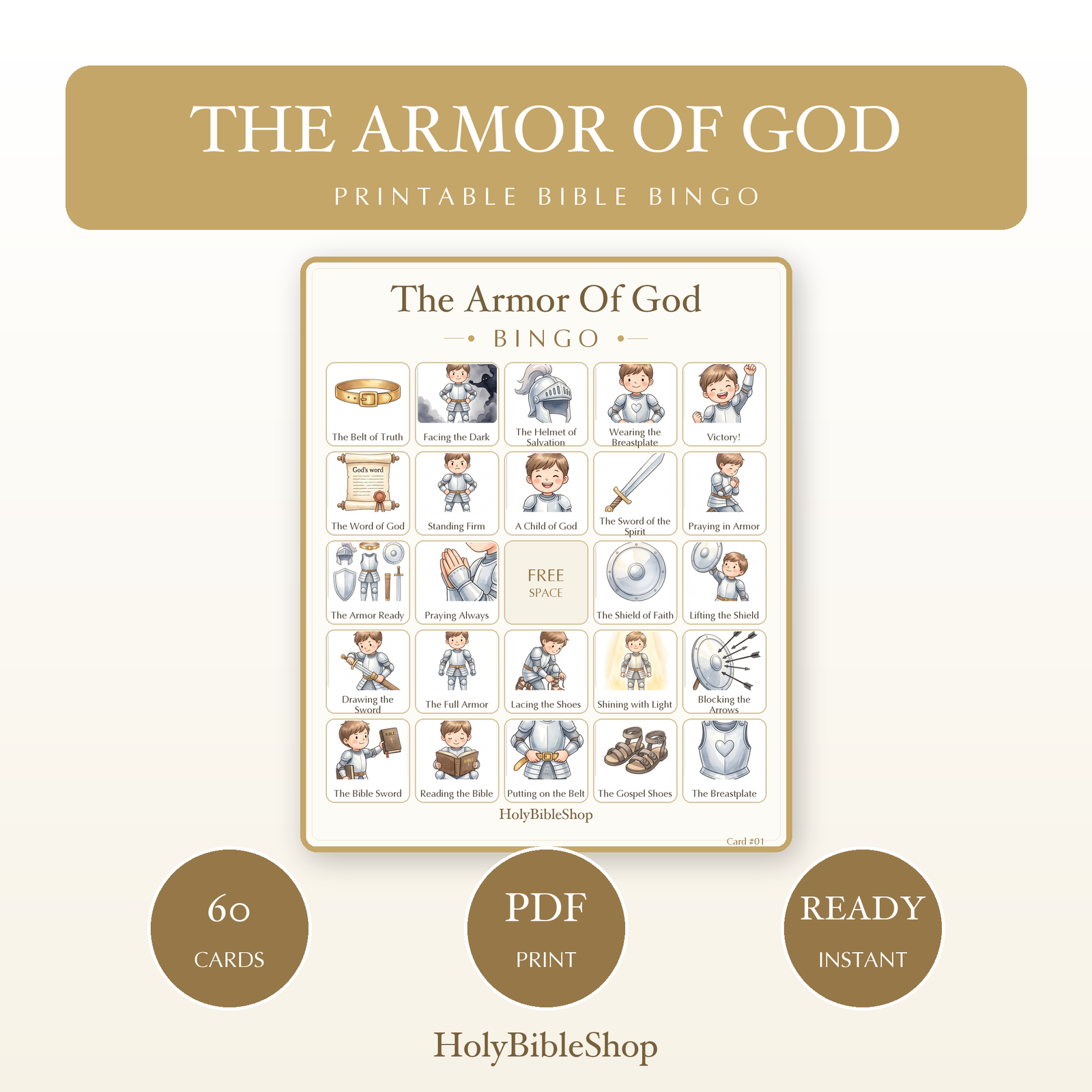 The Armor Of God Bingo | Printable Bible Bingo Game for Kids | 60 Cards Sunday School VBS Christian Watercolor PDF