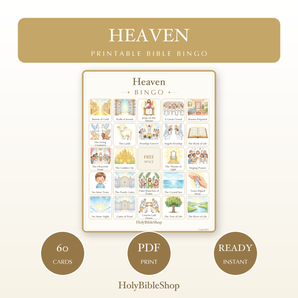 Heaven Bingo | Printable Bible Bingo Game for Kids | 60 Cards Sunday School VBS Christian Watercolor PDF