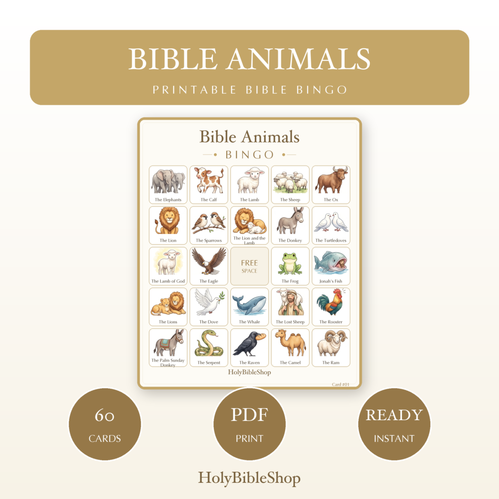 Bible Animals Bingo | Printable Bible Bingo Game for Kids | 60 Cards Sunday School VBS Christian Watercolor PDF