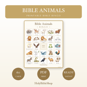 Bible Animals Bingo | Printable Bible Bingo Game for Kids | 60 Cards Sunday School VBS Christian Watercolor PDF