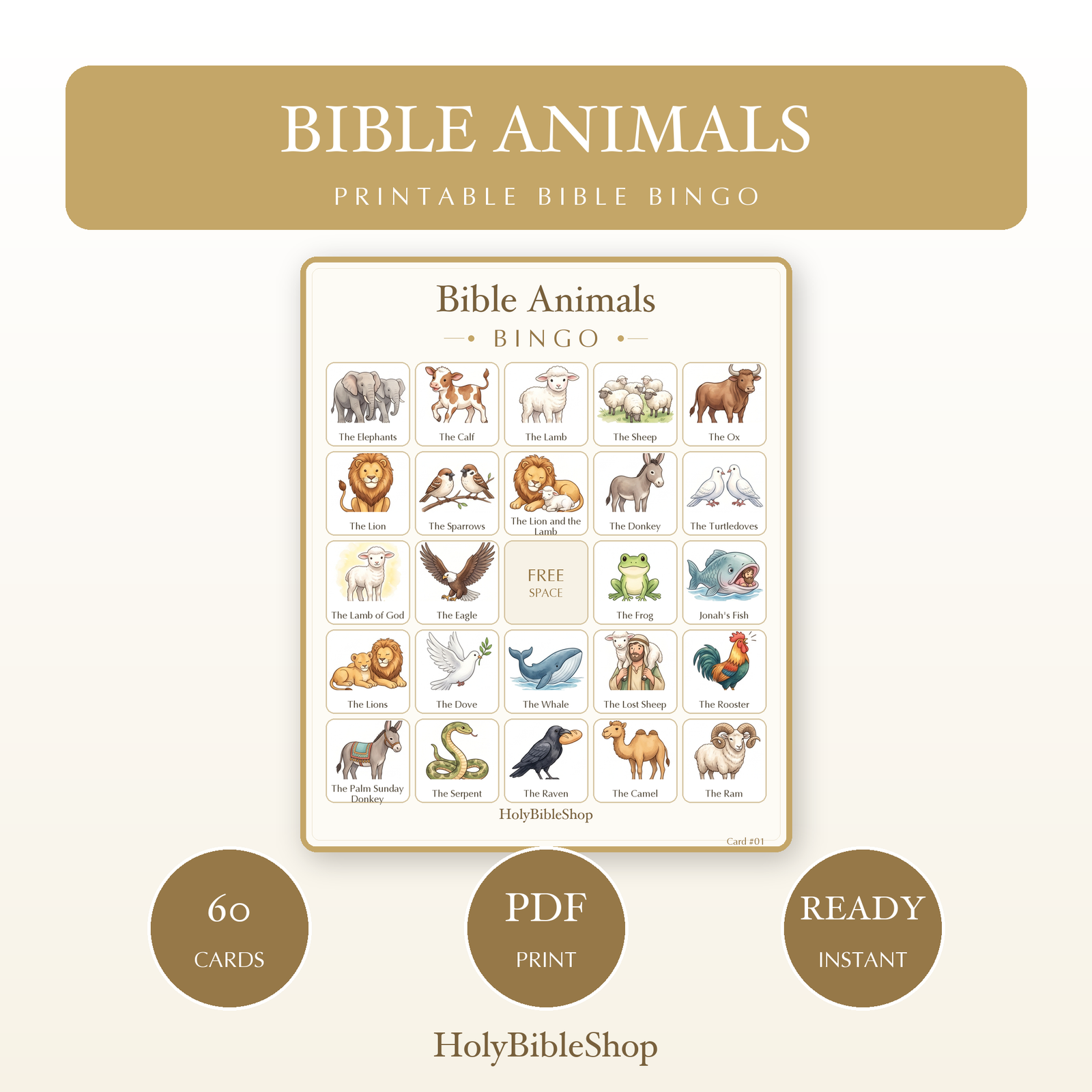 Bible Animals Bingo | Printable Bible Bingo Game for Kids | 60 Cards Sunday School VBS Christian Watercolor PDF