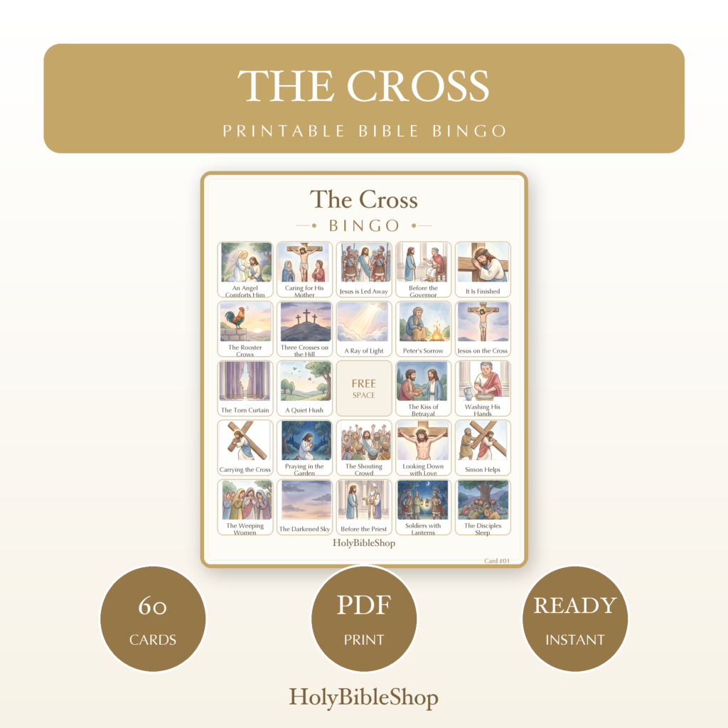 The Cross Bingo | Printable Bible Bingo Game for Kids | 60 Cards Sunday School VBS Christian Watercolor PDF