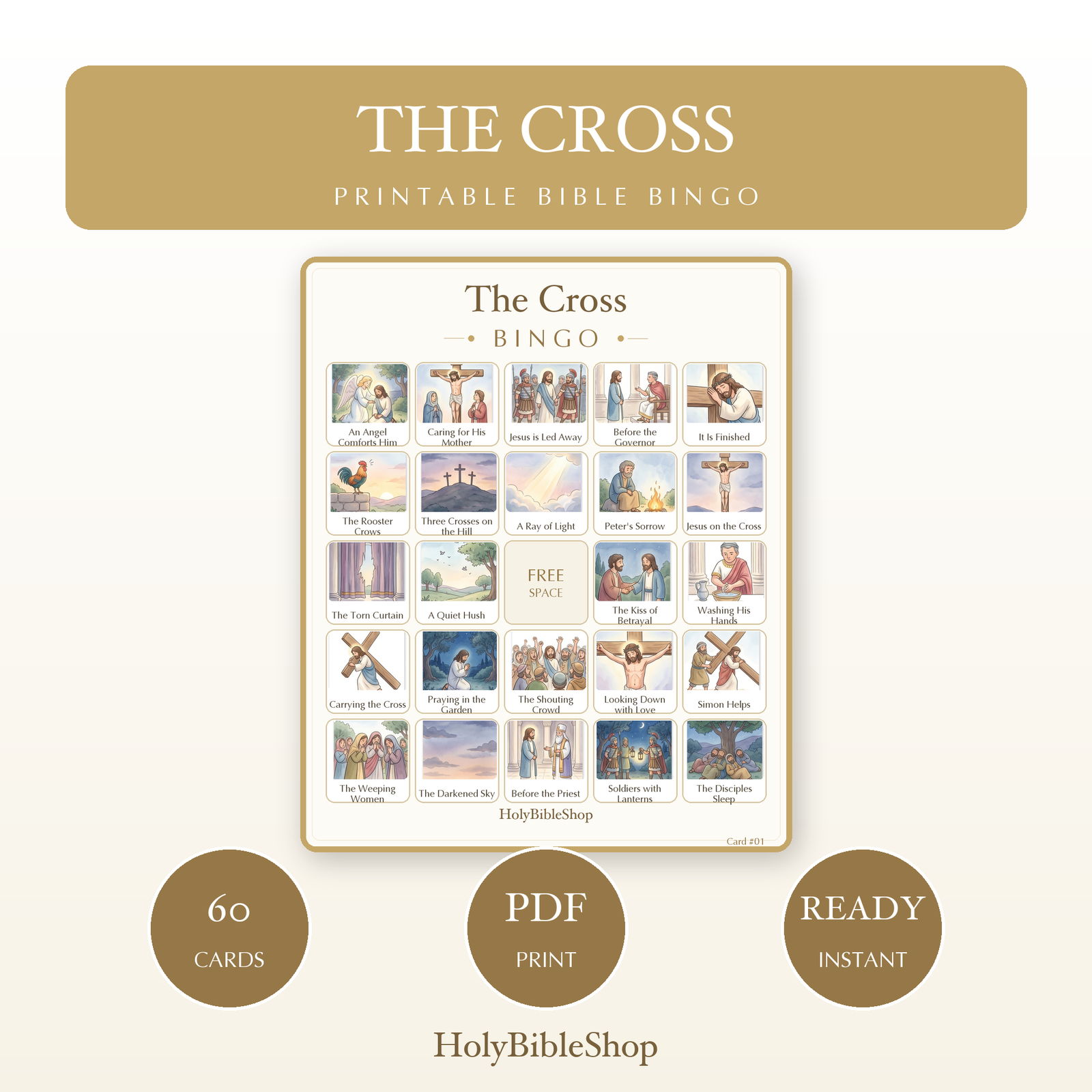 The Cross Bingo | Printable Bible Bingo Game for Kids | 60 Cards Sunday School VBS Christian Watercolor PDF