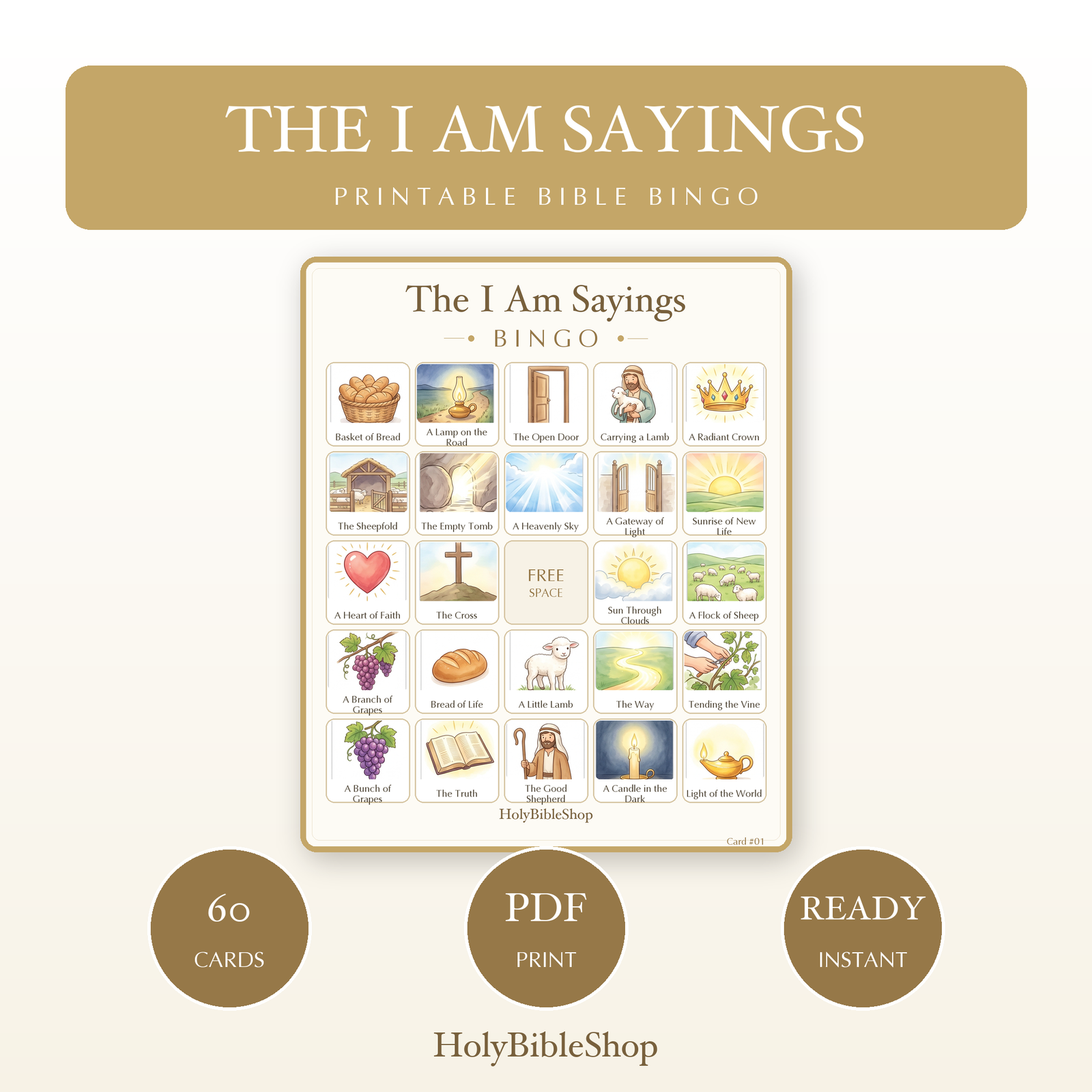 The I Am Sayings Bingo | Printable Bible Bingo Game for Kids | 60 Cards Sunday School VBS Christian Watercolor PDF