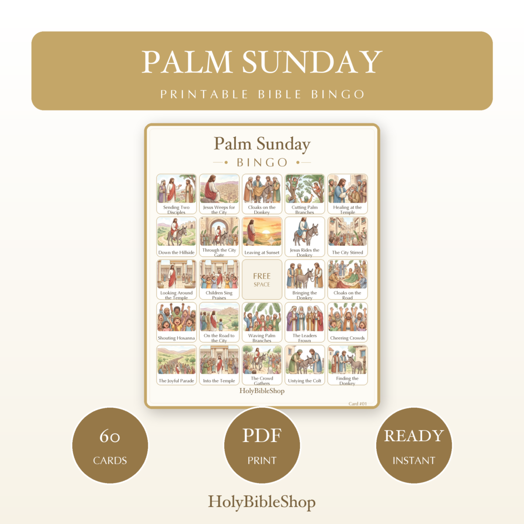 Palm Sunday Bingo | Printable Bible Bingo Game for Kids | 60 Cards Sunday School VBS Christian Watercolor PDF