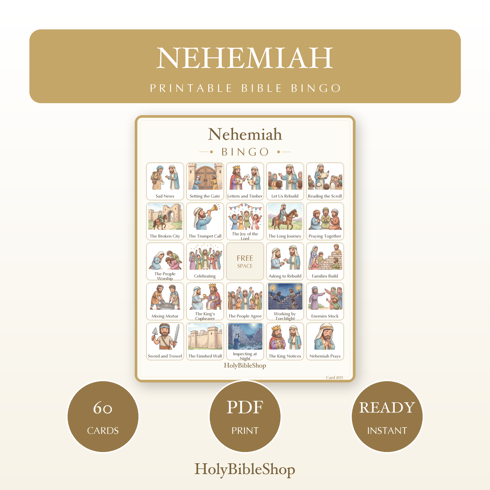 Nehemiah Bingo | Printable Bible Bingo Game for Kids | 60 Cards Sunday School VBS Christian Watercolor PDF