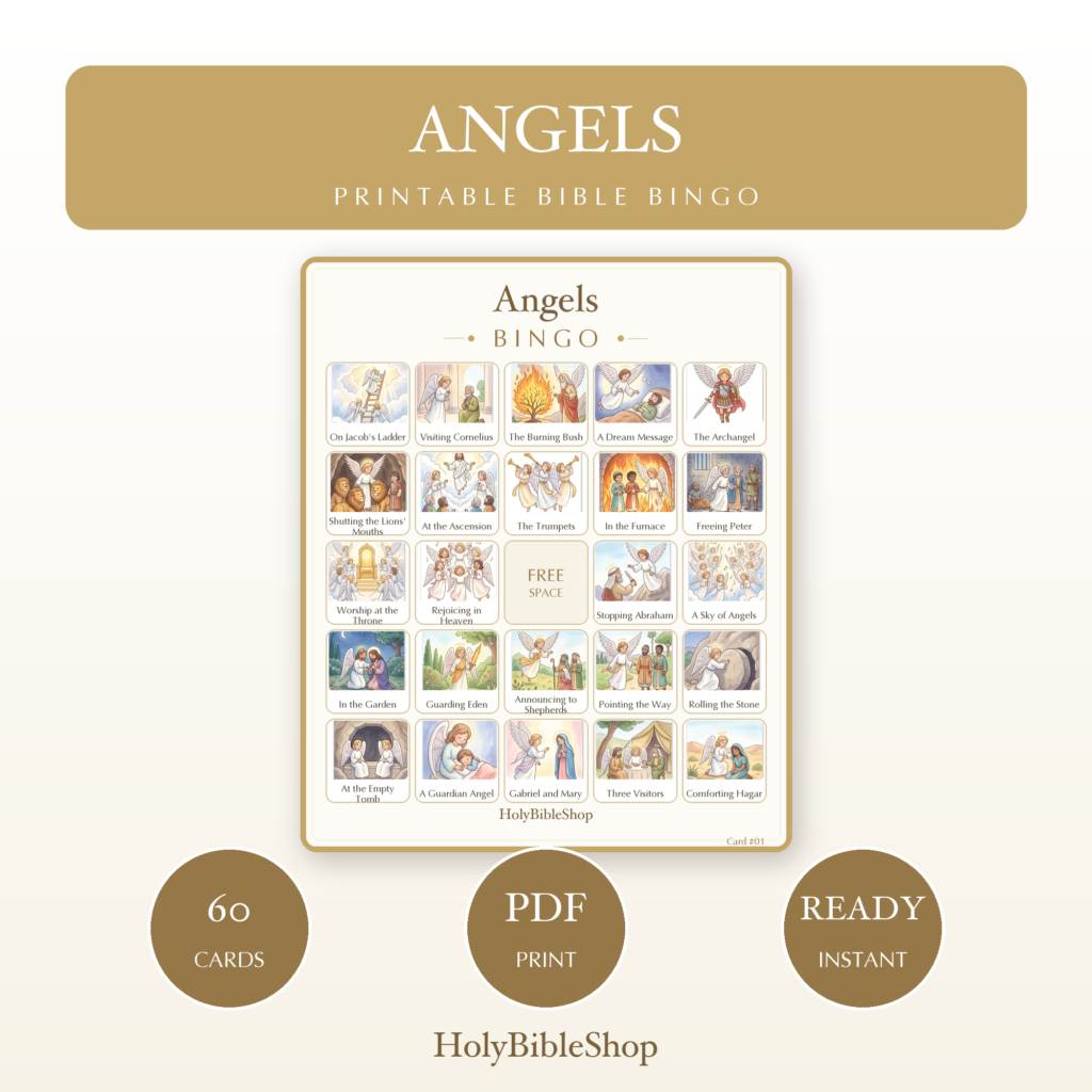 Angels Bingo | Printable Bible Bingo Game for Kids | 60 Cards Sunday School VBS Christian Watercolor PDF