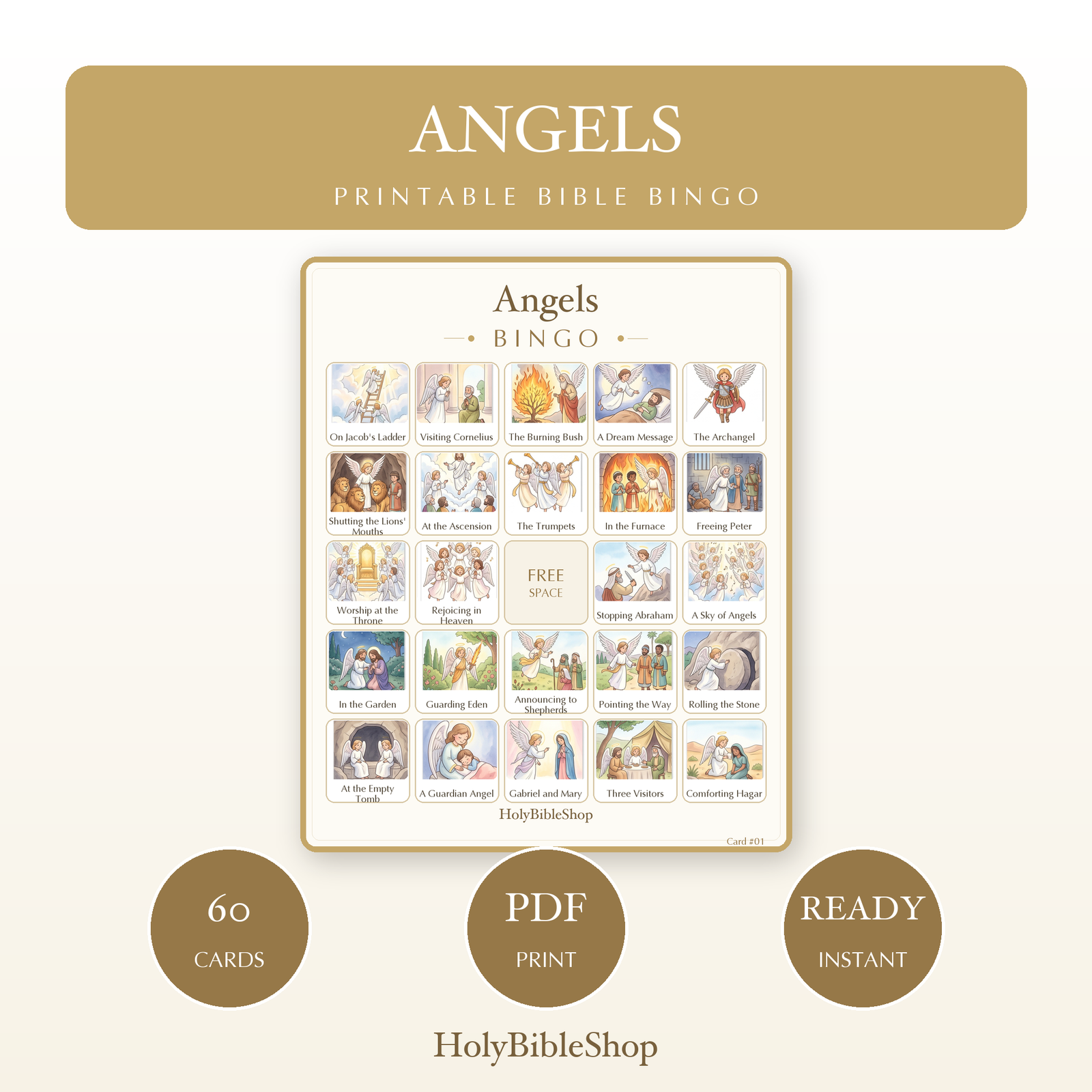 Angels Bingo | Printable Bible Bingo Game for Kids | 60 Cards Sunday School VBS Christian Watercolor PDF