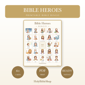 Bible Heroes Bingo | Printable Bible Bingo Game for Kids | 60 Cards Sunday School VBS Christian Watercolor PDF