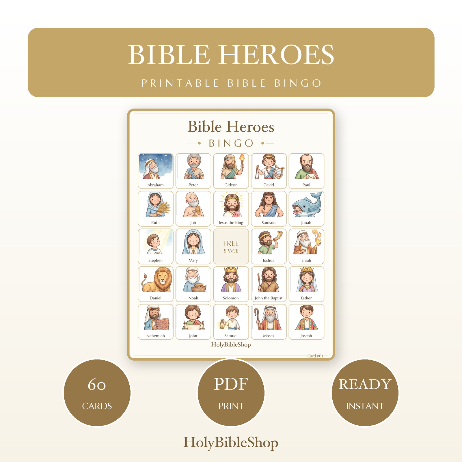 Bible Heroes Bingo | Printable Bible Bingo Game for Kids | 60 Cards Sunday School VBS Christian Watercolor PDF