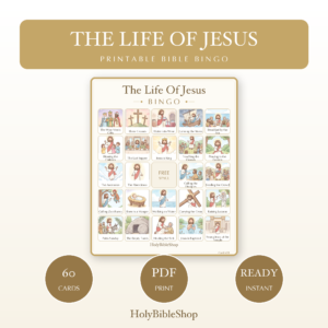 The Life Of Jesus Bingo | Printable Bible Bingo Game for Kids | 60 Cards Sunday School VBS Christian Watercolor PDF