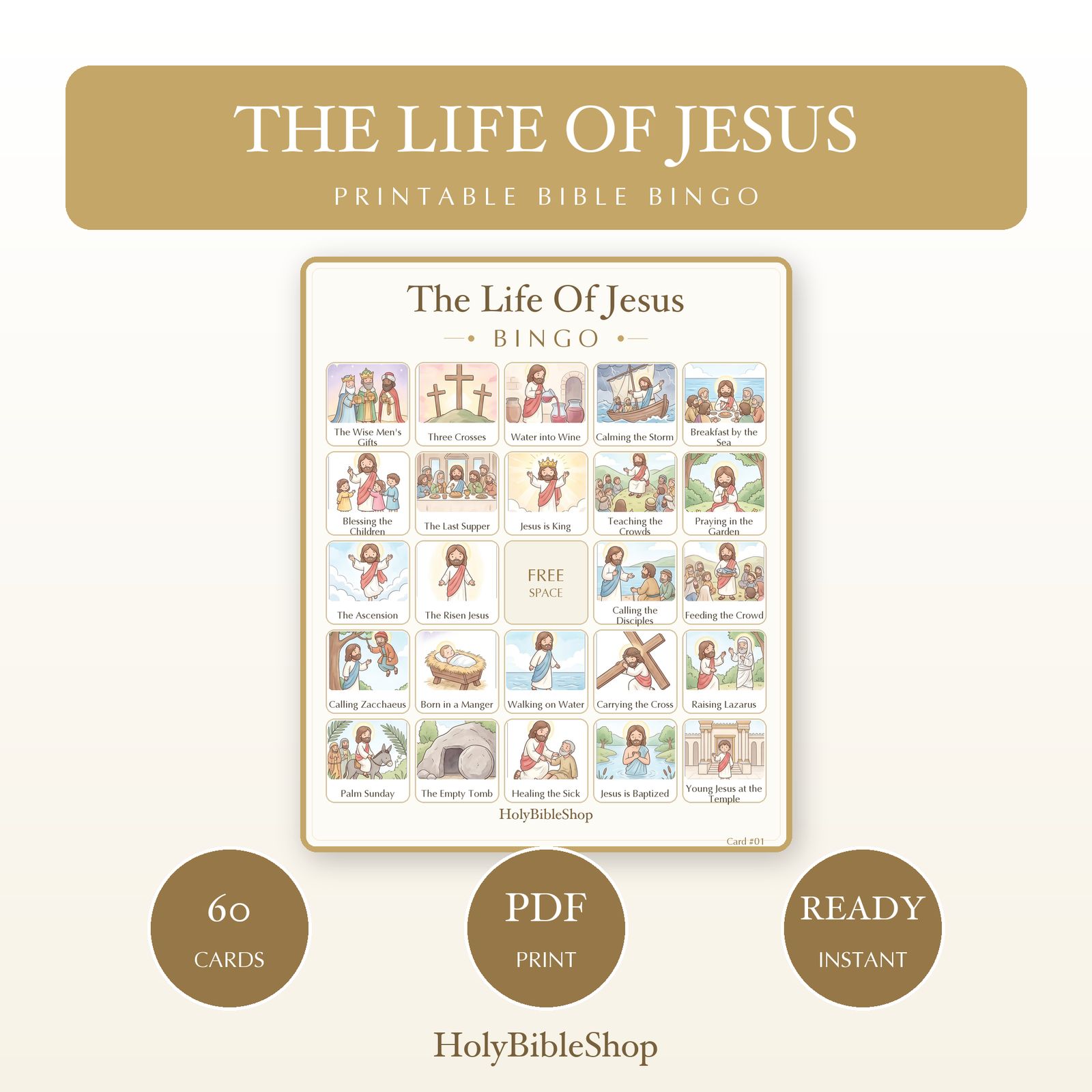 The Life Of Jesus Bingo | Printable Bible Bingo Game for Kids | 60 Cards Sunday School VBS Christian Watercolor PDF