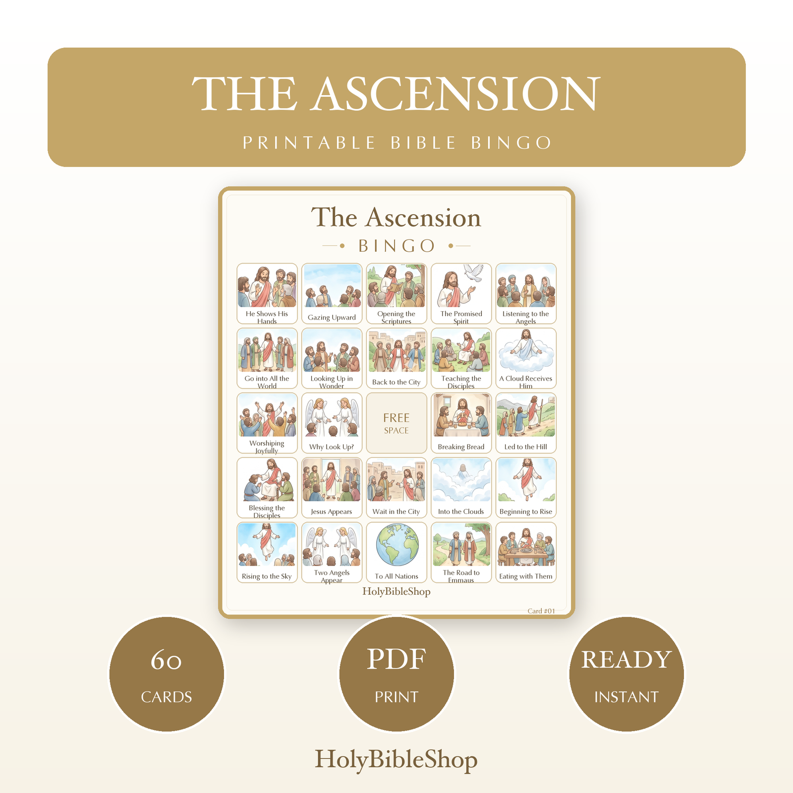 The Ascension Bingo | Printable Bible Bingo Game for Kids | 60 Cards Sunday School VBS Christian Watercolor PDF