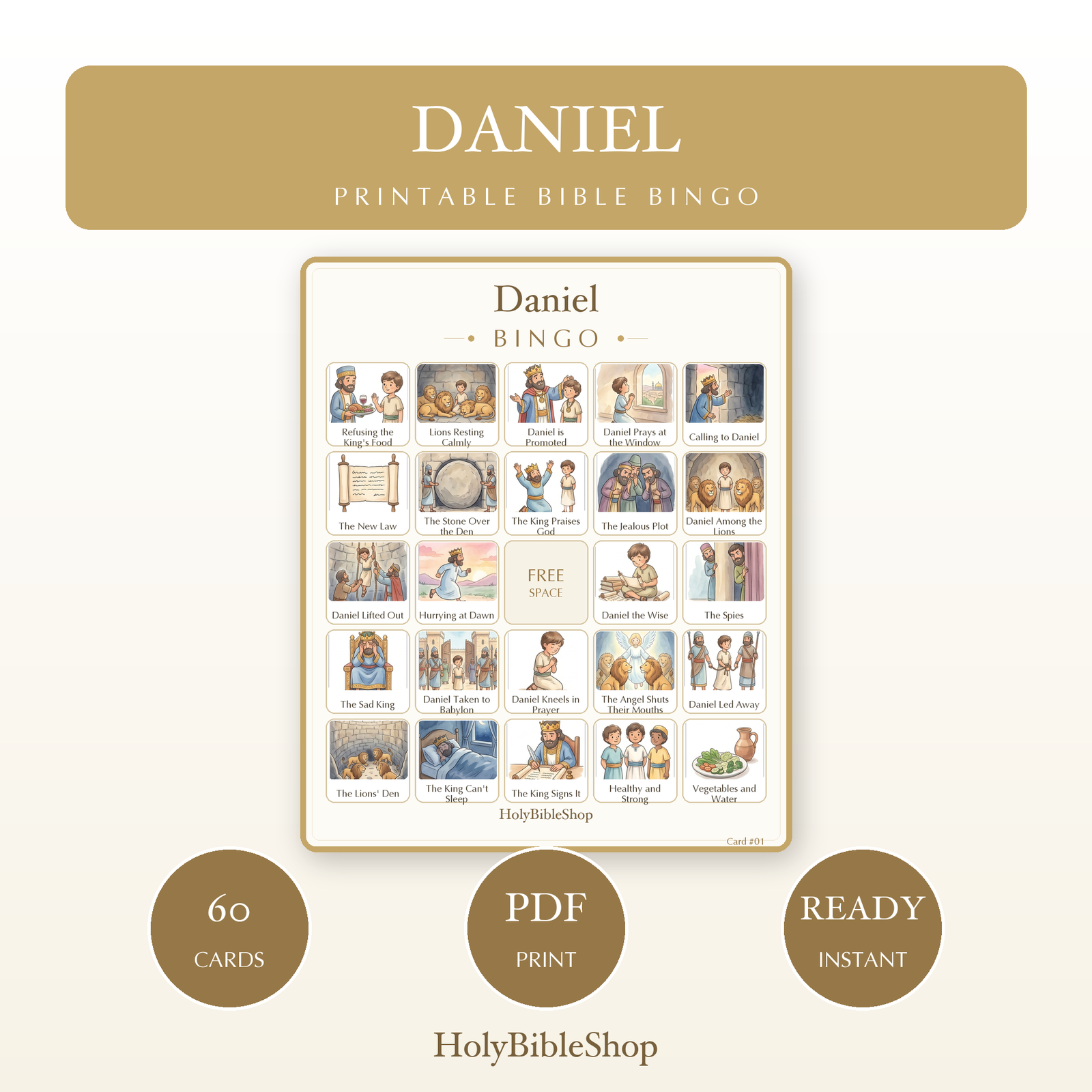 Daniel Bingo | Printable Bible Bingo Game for Kids | 60 Cards Sunday School VBS Christian Watercolor PDF