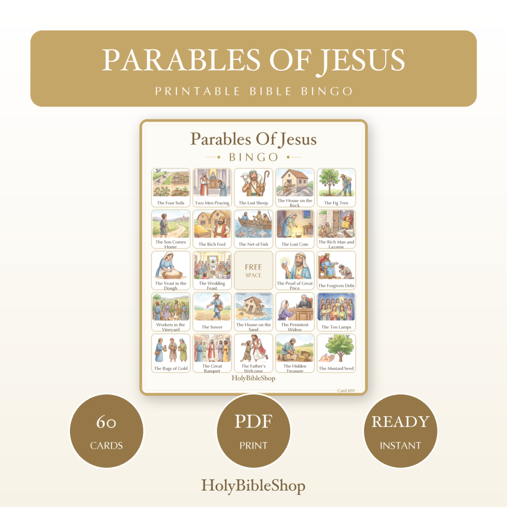 Parables Of Jesus Bingo | Printable Bible Bingo Game for Kids | 60 Cards Sunday School VBS Christian Watercolor PDF